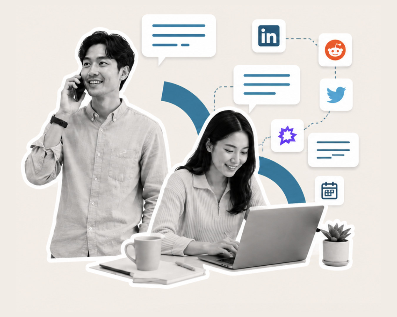 Two people talking, their conversation branching out into LinkedIn, Reddit, Twitter and a calendar